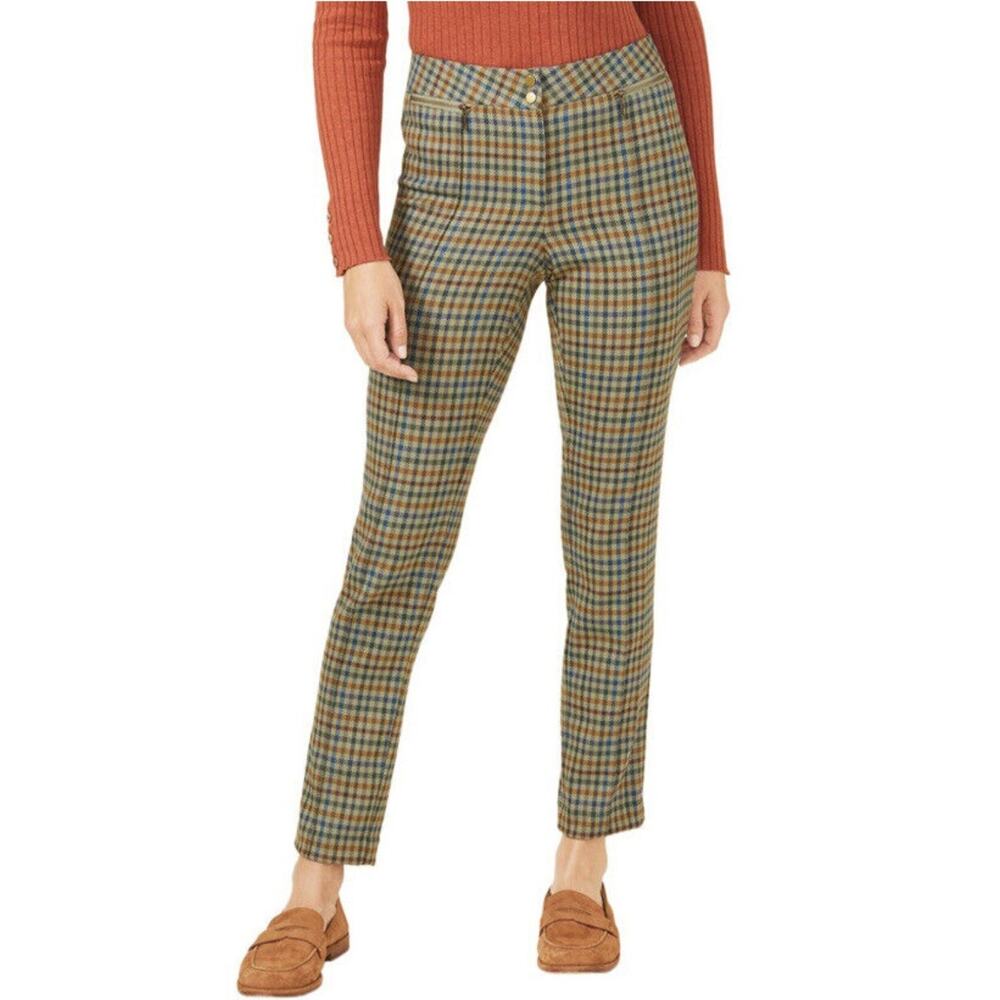 J Mclaughlin Yara Olive Plaid Pants Women 4 Straight Leg Crop Green Blue Stretch